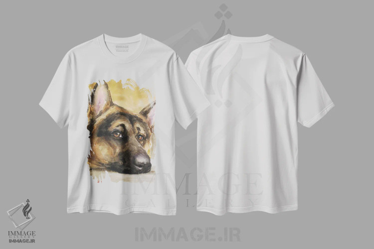 تیشرت سفید طرح دار نگاه ژرمن شپرد ۲، تزئینی اثر جورج دیاچنکو | فروشگاه ایماژ