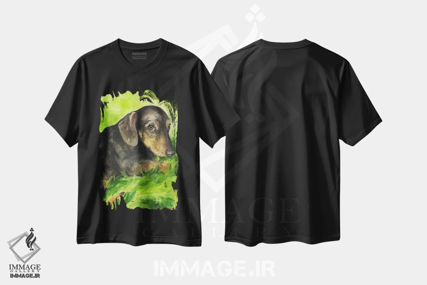 تیشرت مشکی طرح دار داشهاند بامزه روی چمن، مدیوم اثر جورج دیاچنکو | فروشگاه ایماژ
