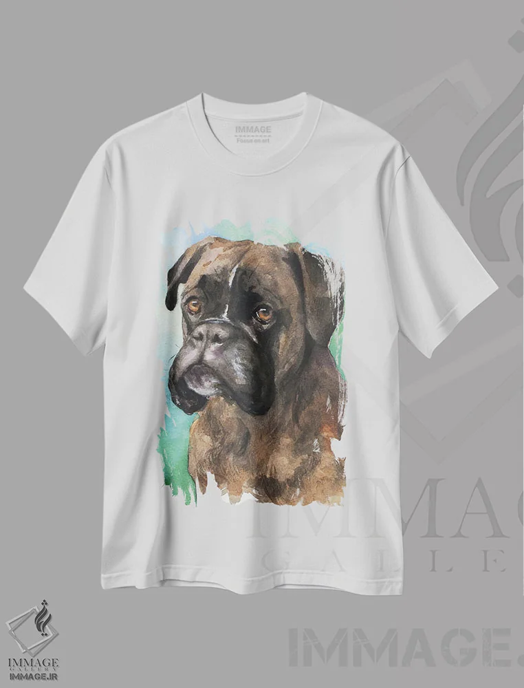 تیشرت سفید طرح دار پرتره بامزه باکسر، مدیوم اثر جورج دیاچنکو | فروشگاه ایماژ