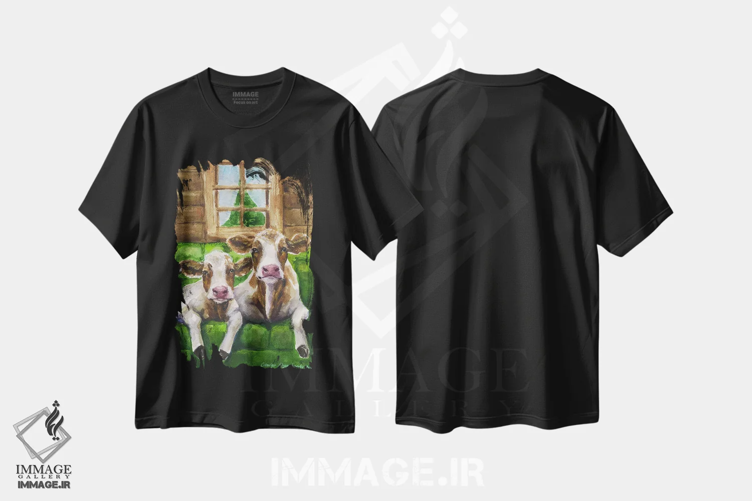 تیشرت مشکی طرح دار دو گاو روی مبل سبز، مدیوم اثر جورج دیاچنکو | immage.ir