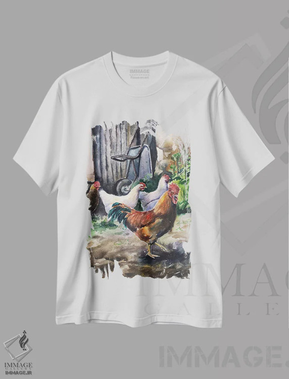 تیشرت سفید طرح دار مرغ ها، مدیوم اثر جورج دیاچنکو | فروشگاه ایماژ