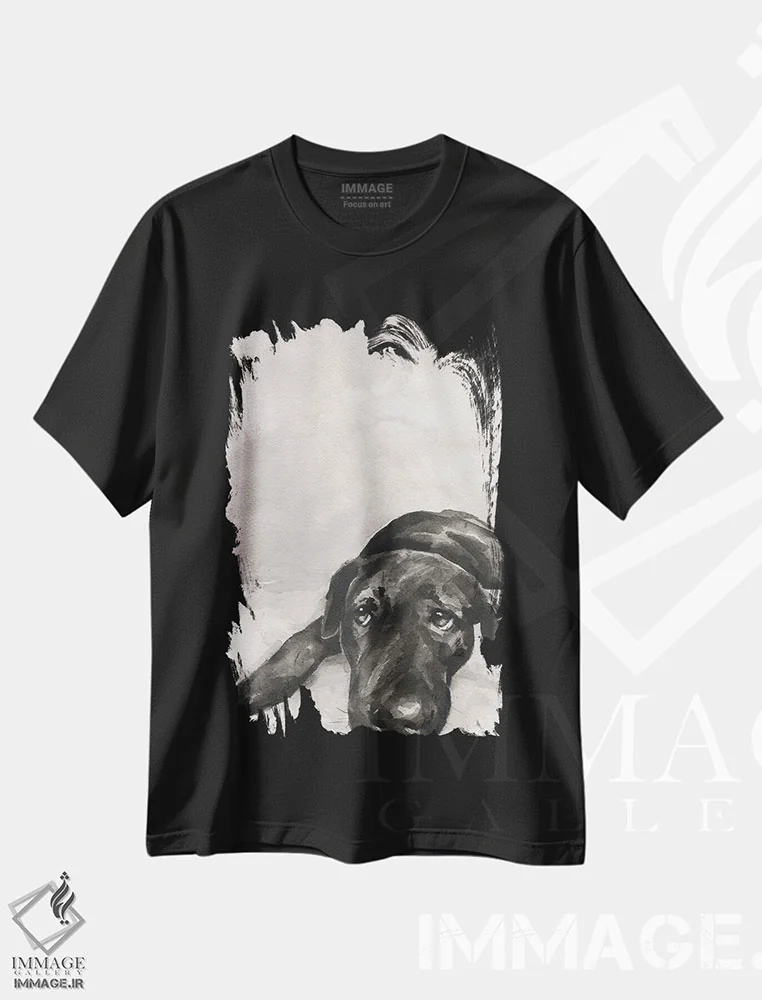 تیشرت مشکی طرح دار لابرادور سیاه و سفید عمودی، تزئینی اثر جورج دیاچنکو | فروشگاه ایماژ