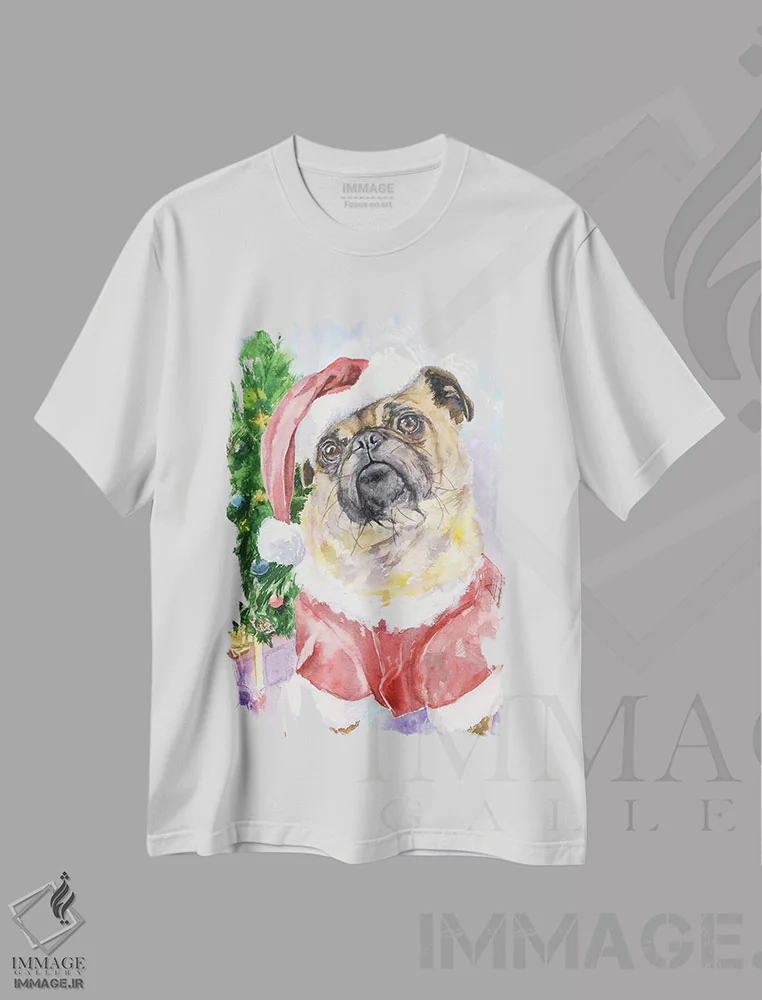 تیشرت سفید طرح دار پاگ کریسمسی، حیوانات کریسمسی اثر جورج دیاچنکو | immage.ir