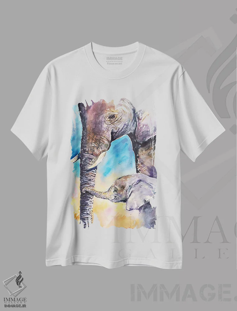 تیشرت سفید طرح دار مادر فیل و بچه اش، مدیوم اثر جورج دیاچنکو | immage.ir