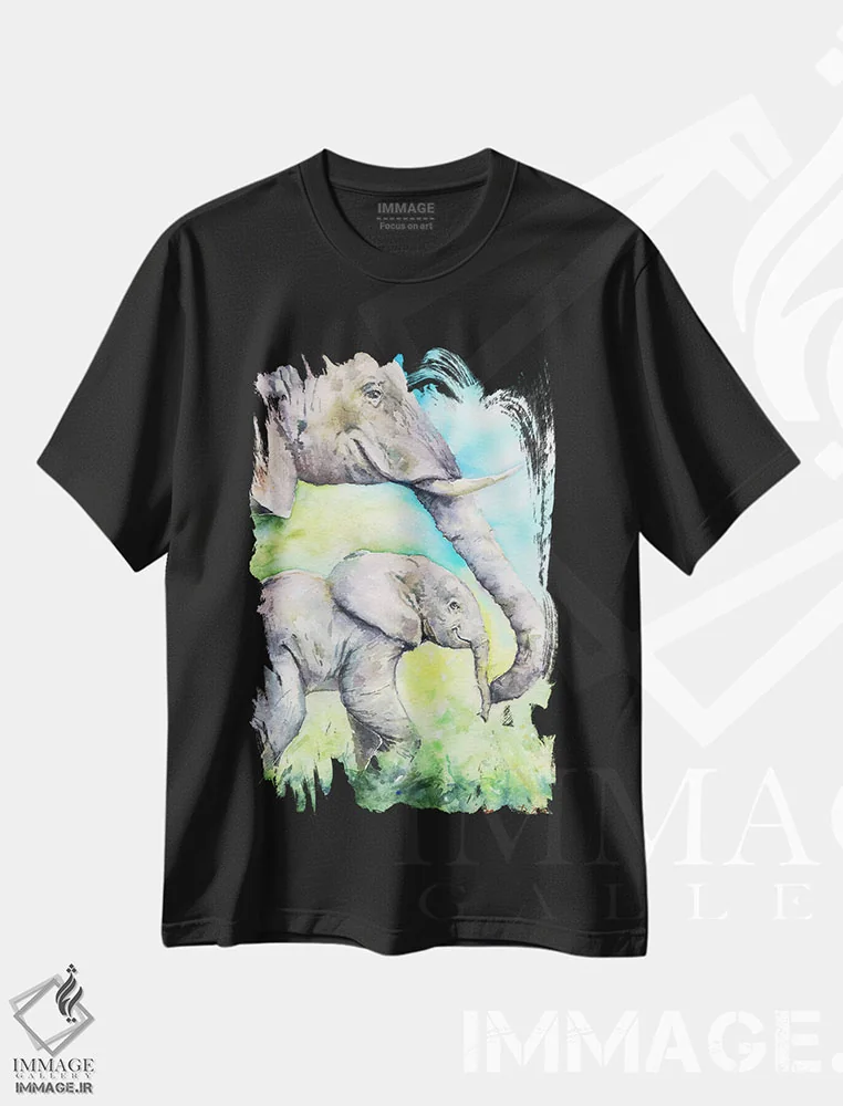 تیشرت مشکی طرح دار خانوادهٔ خوشحال فیل ها، مدیوم اثر جورج دیاچنکو | فروشگاه ایماژ