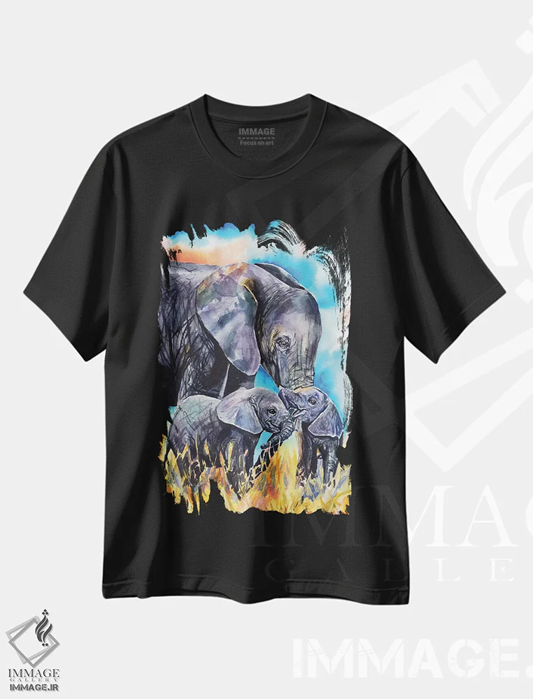 تیشرت مشکی طرح دار مادر فیل و بچه هایش، مدیوم اثر جورج دیاچنکو | immage.ir