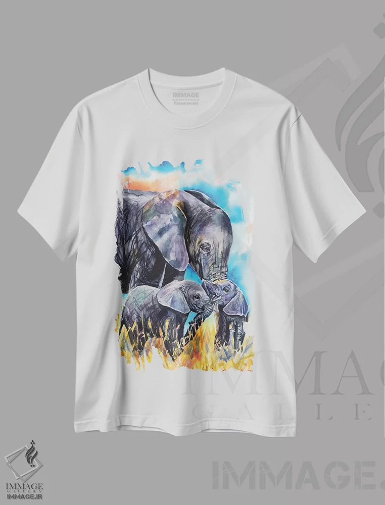 تیشرت سفید طرح دار مادر فیل و بچه هایش، مدیوم اثر جورج دیاچنکو | فروشگاه ایماژ
