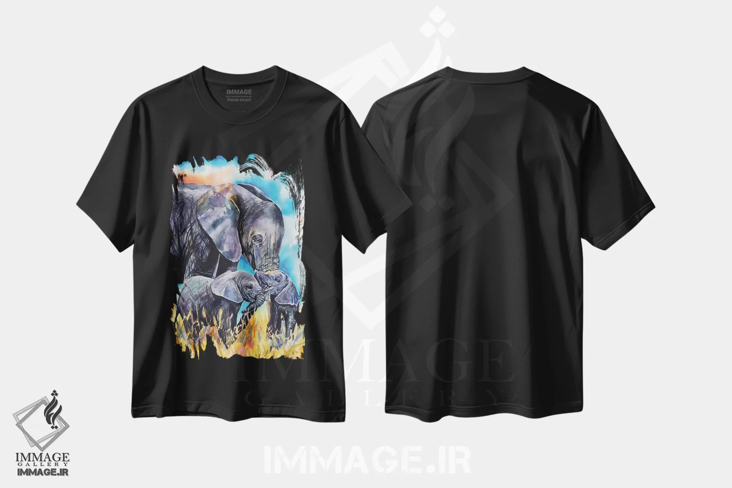 تیشرت مشکی طرح دار مادر فیل و بچه هایش، مدیوم اثر جورج دیاچنکو | immage.ir
