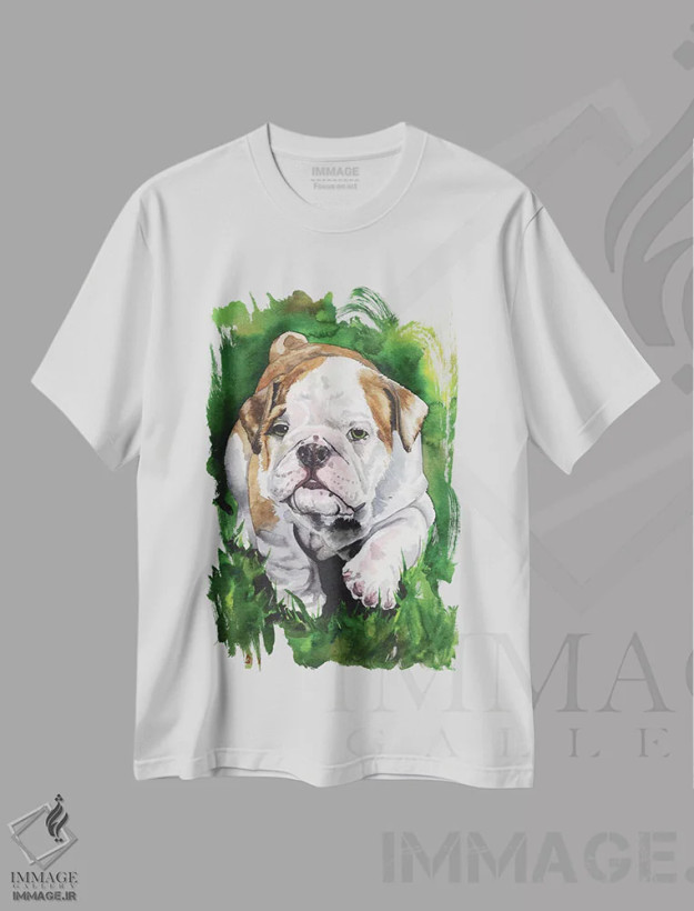 تیشرت سفید طرح دار توله بولداگ انگلیسی، مدیوم اثر جورج دیاچنکو | فروشگاه ایماژ