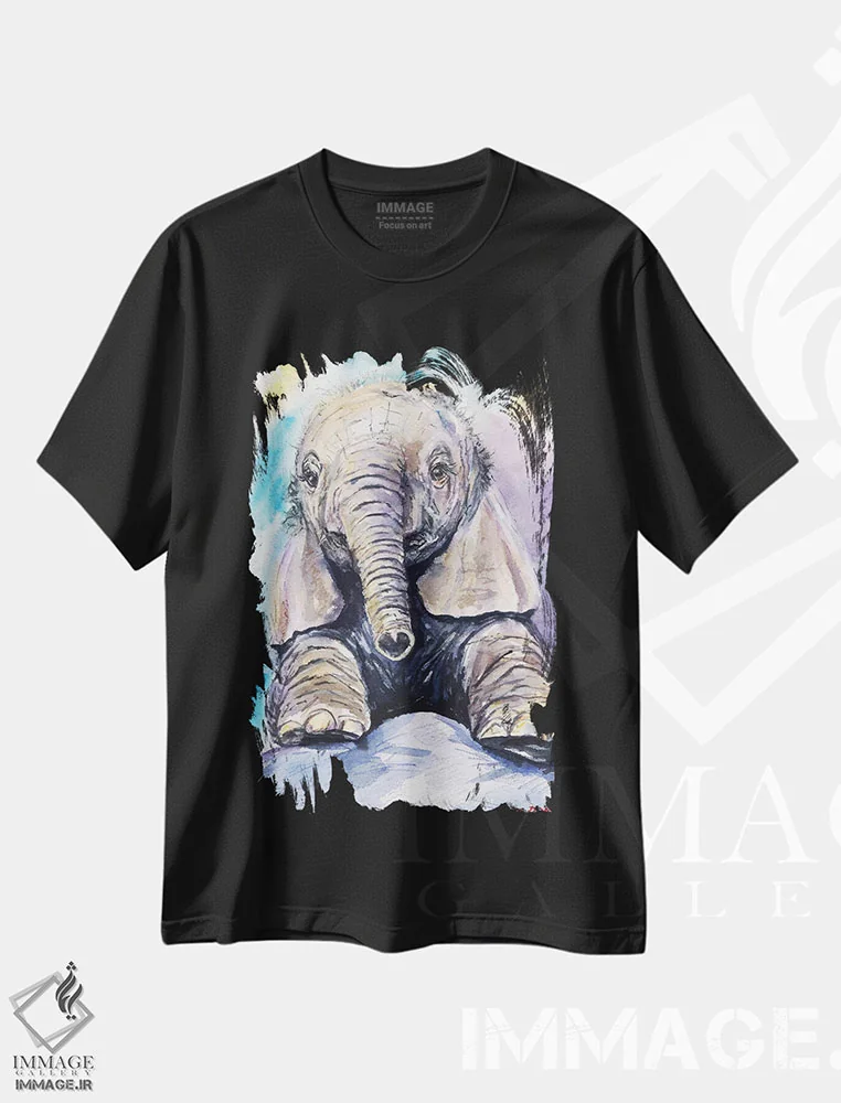تیشرت مشکی طرح دار فیل بچه خوشحال، مدیوم اثر جورج دیاچنکو | فروشگاه ایماژ