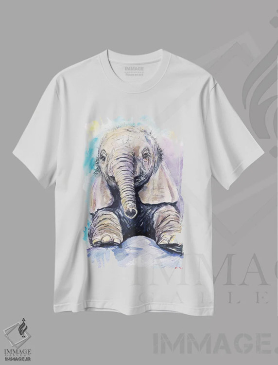 تیشرت سفید طرح دار فیل بچه خوشحال، مدیوم اثر جورج دیاچنکو | immage.ir