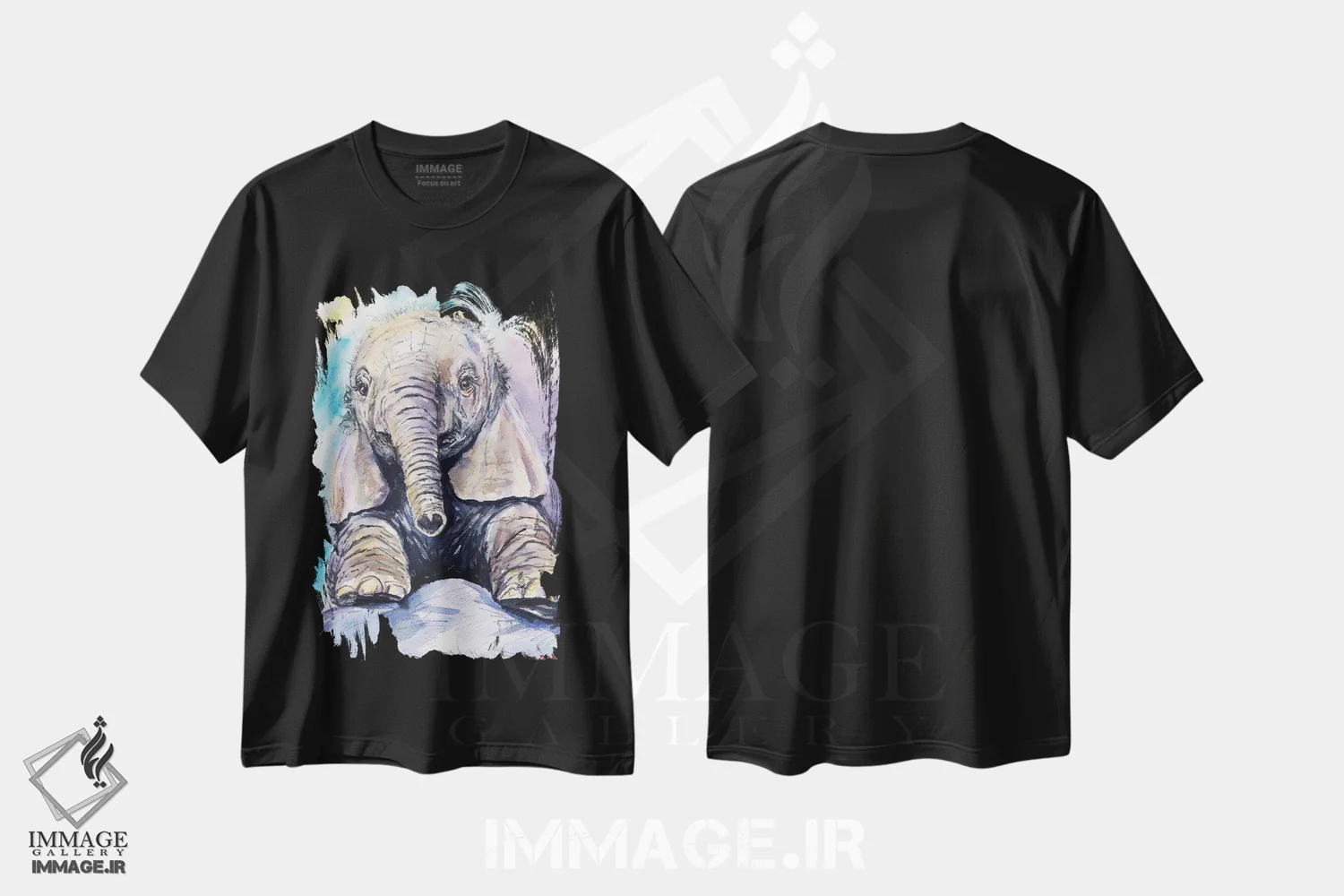 تیشرت مشکی طرح دار فیل بچه خوشحال، مدیوم اثر جورج دیاچنکو | فروشگاه ایماژ