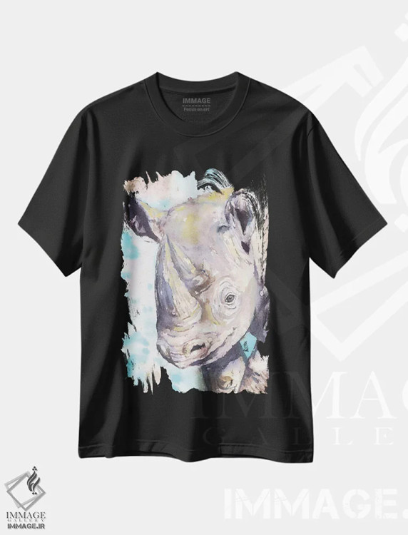 تیشرت مشکی طرح دار کرگدن بچه خوشحال، مدیوم اثر جورج دیاچنکو | immage.ir