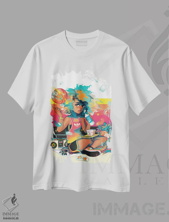 تیشرت سفید طرح دار بسکتبال فضایی، هنر آمریکایی آفریقایی تبار اثر ژنووا بی | فروشگاه ایماژ