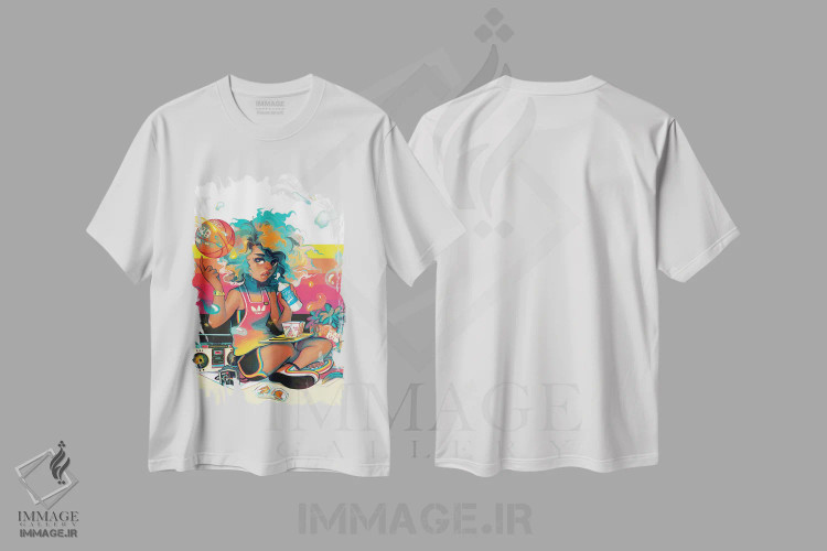 تیشرت سفید طرح دار بسکتبال فضایی، هنر آمریکایی آفریقایی تبار اثر ژنووا بی | فروشگاه ایماژ