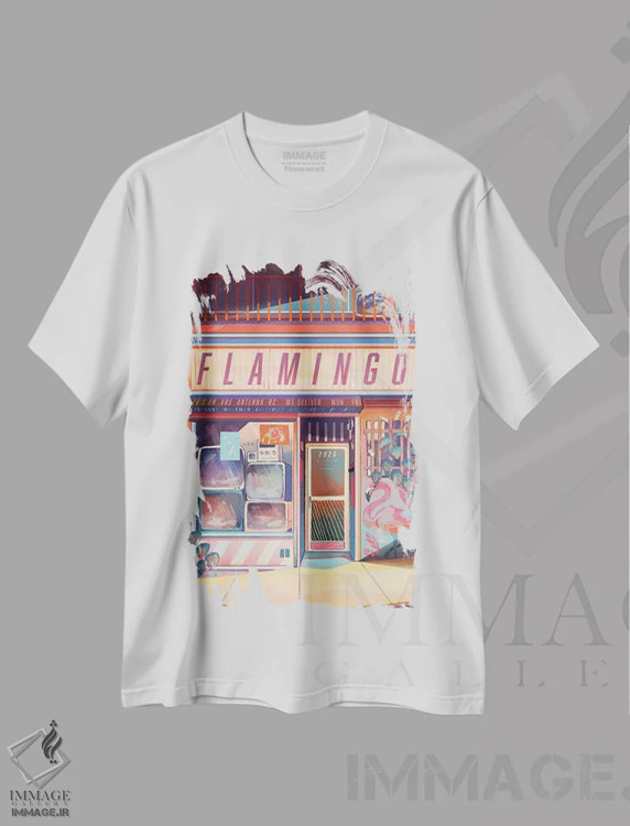 تیشرت سفید طرح دار الکترونیک فلامینگو، تزئینی اثر ژنووا بی | immage.ir