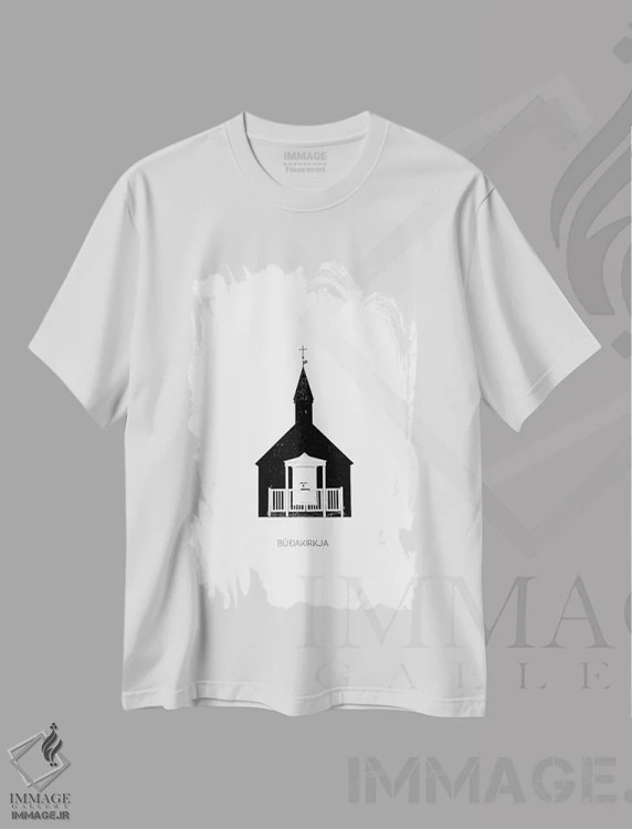 تیشرت سفید طرح دار کلیسای سیاه III ایسلند، هنر تزئینی سیاه و سفید اثر مونیکا استریگل | فروشگاه ایماژ