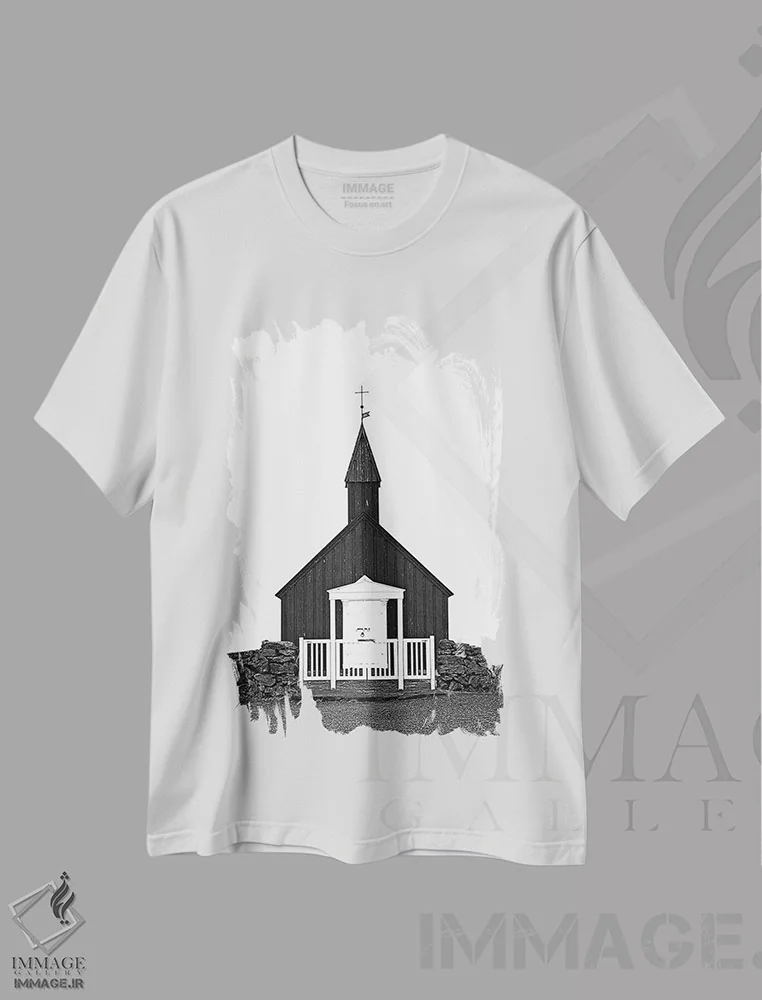 تیشرت سفید طرح دار کلیسای سیاه ایسلند، هنر دیجیتال سیاه و سفید اثر مونیکا استریگل | immage.ir