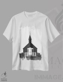 تیشرت سفید طرح دار کلیسای سیاه ایسلند، هنر دیجیتال سیاه و سفید اثر مونیکا استریگل | immage.ir