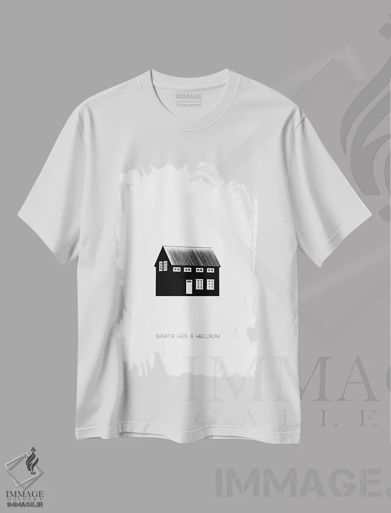 تیشرت سفید طرح دار خانهٔ سیاه II در ایسلند، هنر تزئینی سیاه و سفید اثر مونیکا استریگل | immage.ir
