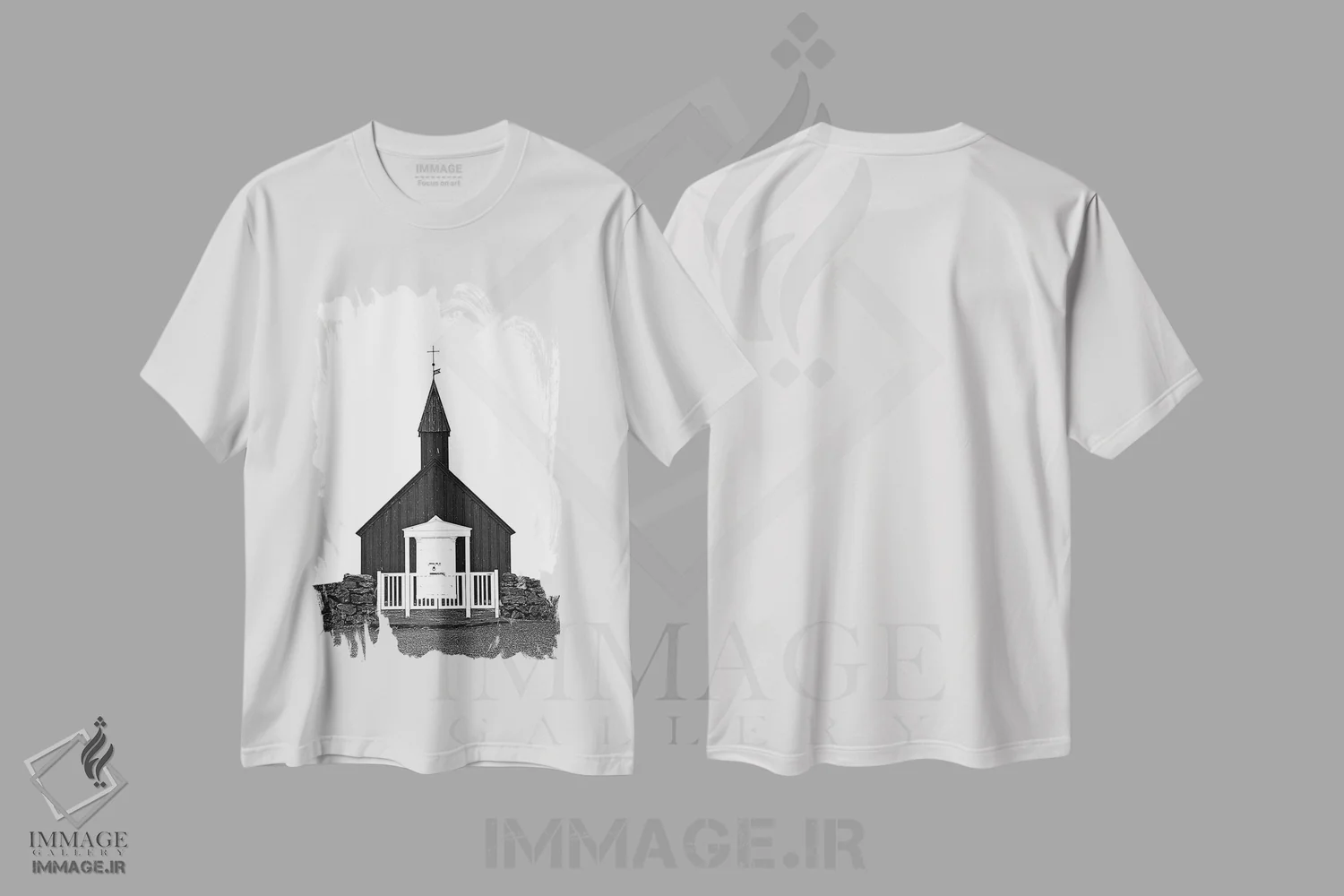 تیشرت سفید طرح دار کلیسای سیاه ایسلند، هنر دیجیتال سیاه و سفید اثر مونیکا استریگل | immage.ir