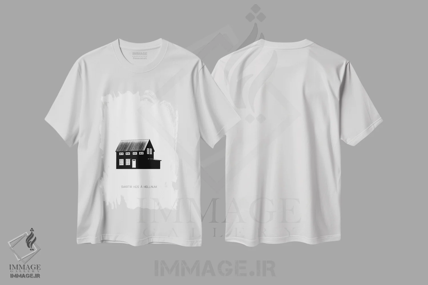 تیشرت سفید طرح دار خانهٔ سیاه در ایسلند، هنر تزئینی سیاه و سفید اثر مونیکا استریگل | فروشگاه ایماژ