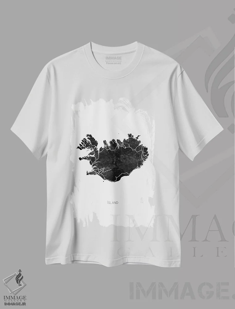 تیشرت سفید طرح دار نقشهٔ سیاه ایسلند، هنر دیجیتال سیاه و سفید اثر مونیکا استریگل | immage.ir