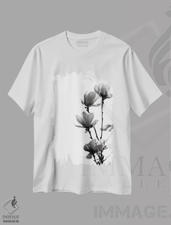 تیشرت سفید طرح دار مگنولیا سیاه، هنر تزئینی سیاه و سفید اثر مونیکا استریگل | فروشگاه ایماژ