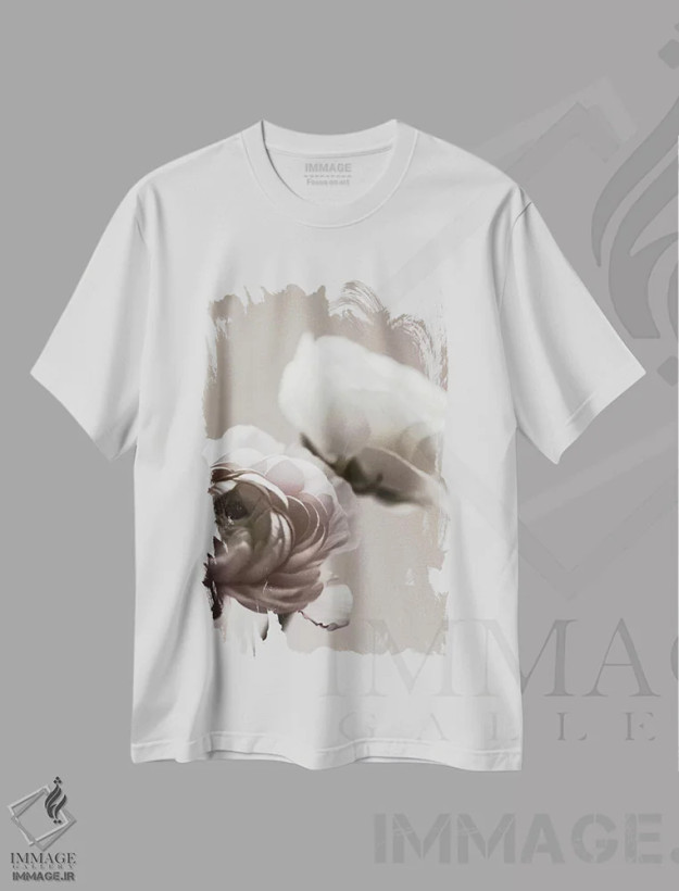 تیشرت سفید طرح دار شکوفه تیره، دکور معاصر اثر مونیکا استریگل | فروشگاه ایماژ