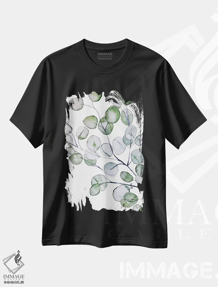 تیشرت مشکی طرح دار اکالیپتوس آبرنگی، دکور معاصر اثر مونیکا استریگل | فروشگاه ایماژ