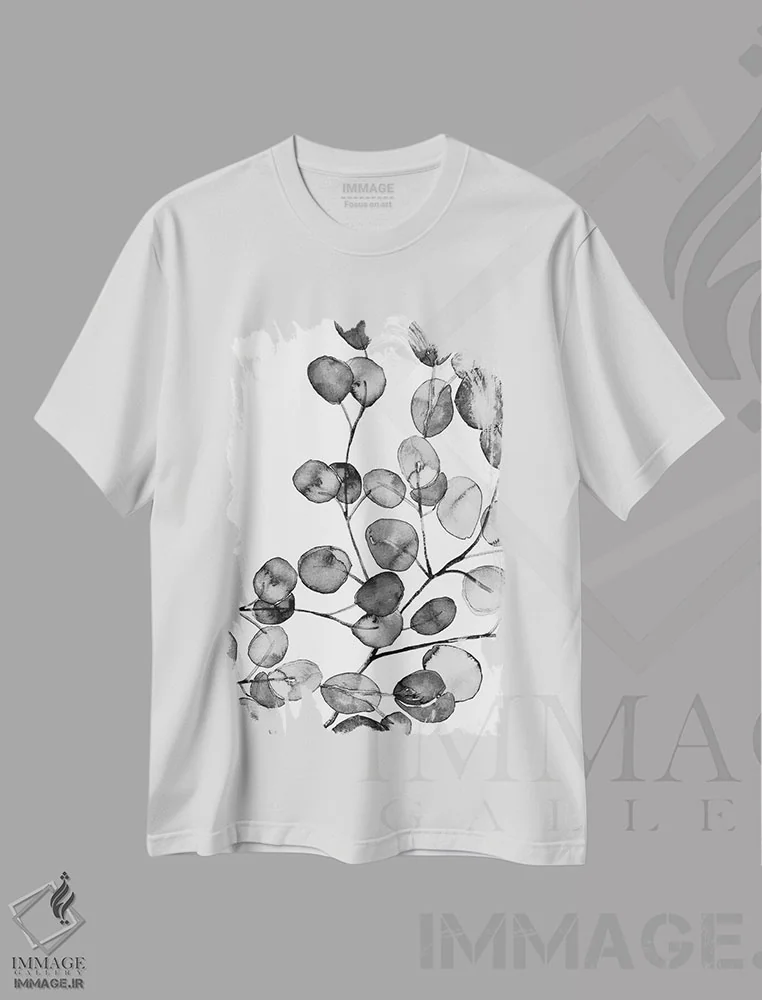 تیشرت سفید طرح دار اکالیپتوس آبرنگی سیاه و سفید، هنر تزئینی سیاه و سفید اثر مونیکا استریگل | فروشگاه ایماژ