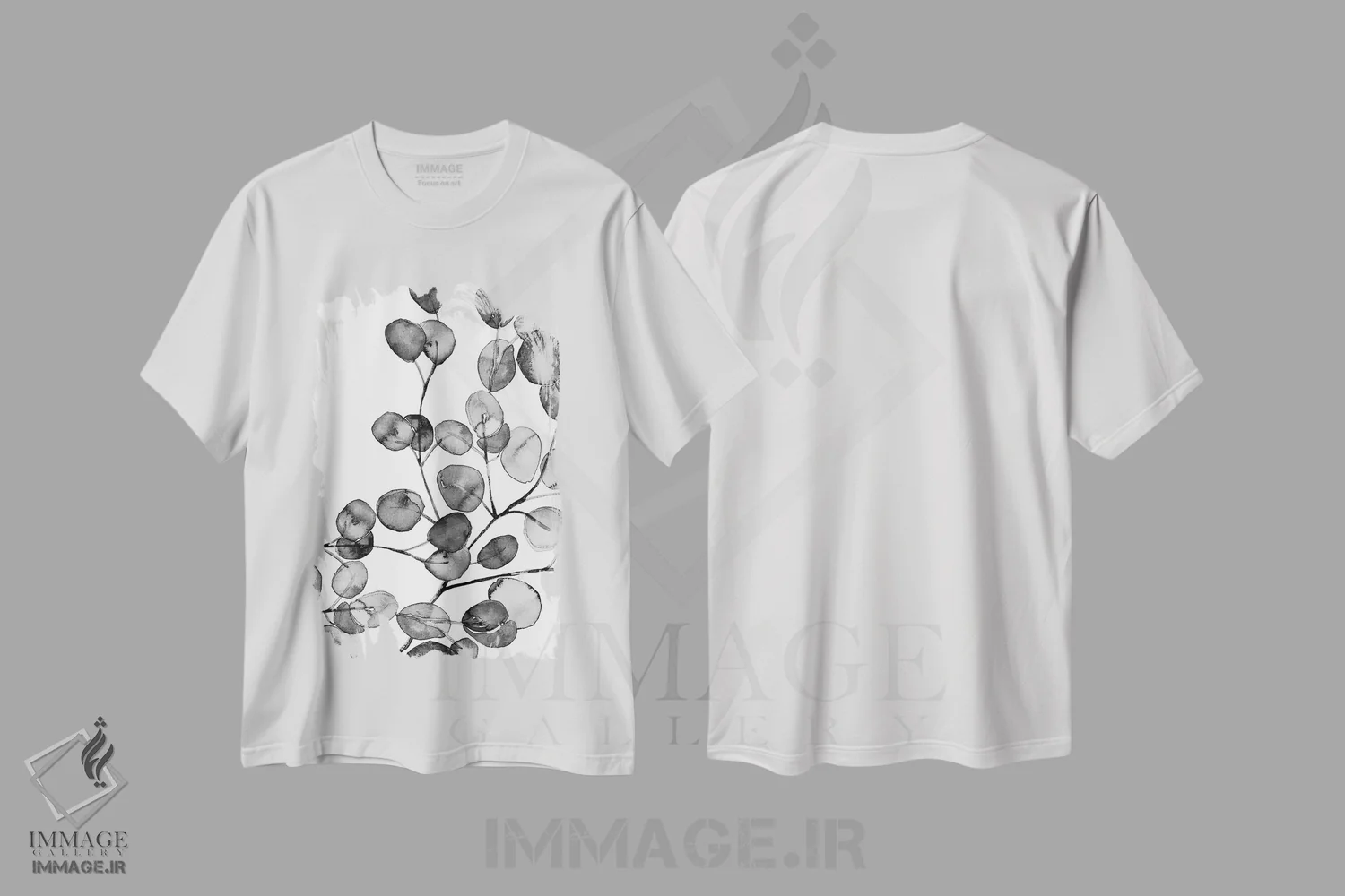 تیشرت سفید طرح دار اکالیپتوس آبرنگی سیاه و سفید، هنر تزئینی سیاه و سفید اثر مونیکا استریگل | فروشگاه ایماژ