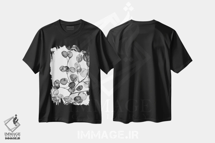 تیشرت مشکی طرح دار اکالیپتوس آبرنگی سیاه و سفید، هنر تزئینی سیاه و سفید اثر مونیکا استریگل | immage.ir
