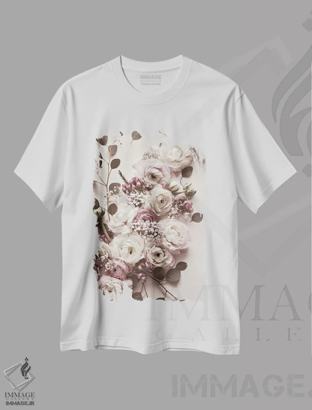 تیشرت سفید طرح دار گل ها به سبک پرسپکتیو تخت، دکور معاصر اثر مونیکا استریگل | فروشگاه ایماژ