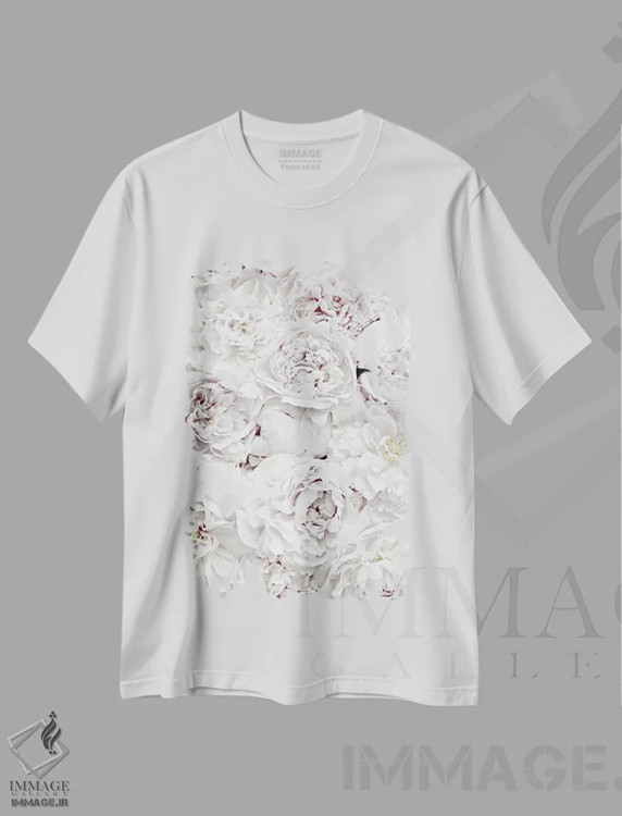 تیشرت سفید طرح دار گل های صدتومانی سفید، تزئینی اثر مونیکا استریگل | فروشگاه ایماژ