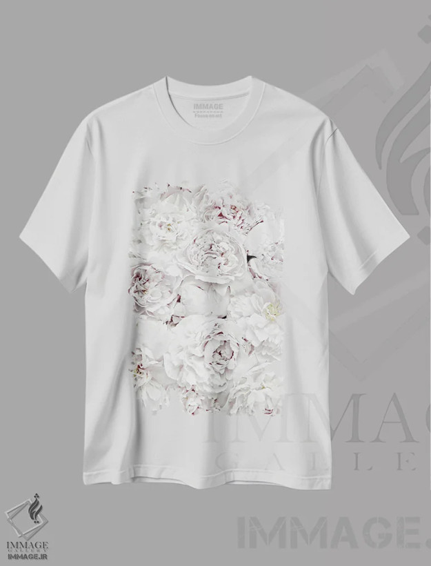 تیشرت سفید طرح دار گل های صدتومانی سفید، تزئینی اثر مونیکا استریگل | فروشگاه ایماژ
