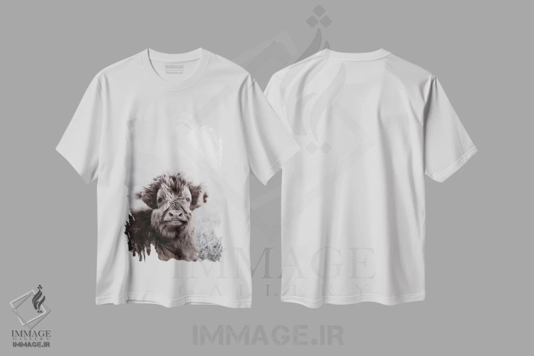 تیشرت سفید طرح دار گوساله گاو کوهستانی، دکور روستایی اثر مونیکا استریگل | immage.ir