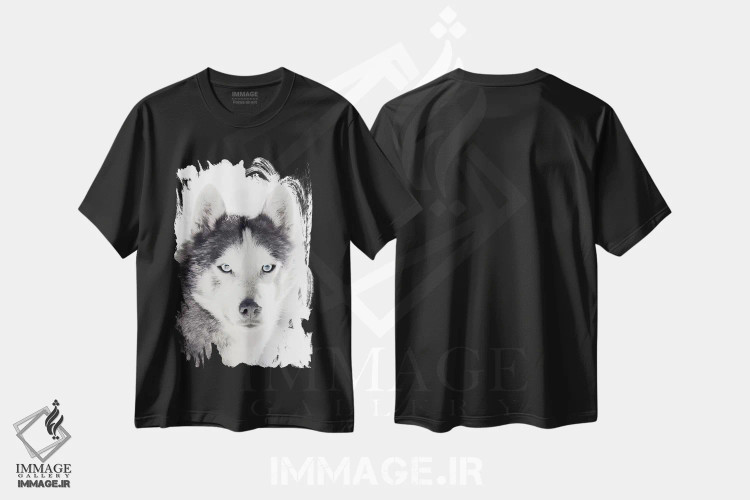 تیشرت مشکی طرح دار پرتره هاسکی، دکور کلبه و لژ اثر مونیکا استریگل | فروشگاه ایماژ