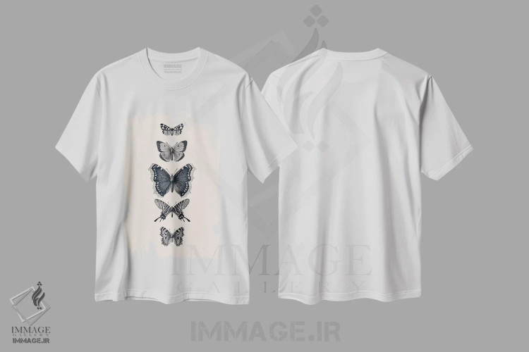 تیشرت سفید طرح دار پروانه های نقاشی شده با جوهر، دکور روستایی اثر مونیکا استریگل | فروشگاه ایماژ