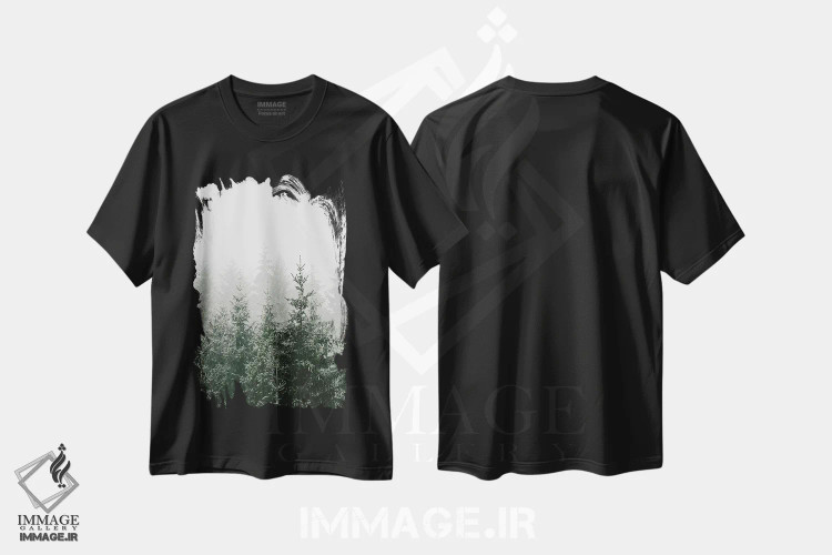 تیشرت مشکی طرح دار جنگل کوهستانی سبز، دکور کلبه و لژ اثر مونیکا استریگل | immage.ir