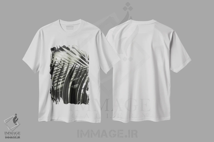 تیشرت سفید طرح دار برگ های نخل با سایه های سبز، تزئینی اثر مونیکا استریگل | فروشگاه ایماژ