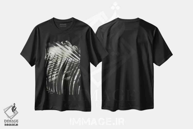 تیشرت مشکی طرح دار برگ های نخل با سایه های سبز، تزئینی اثر مونیکا استریگل | immage.ir