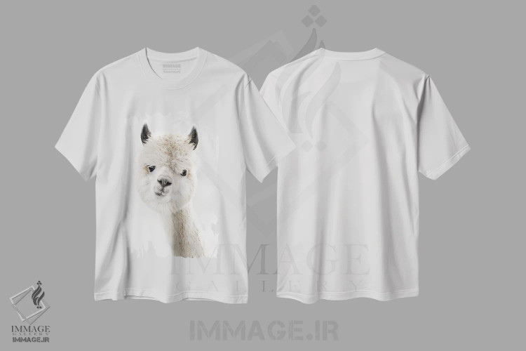 تیشرت سفید طرح دار آلپاکای کنجکاو، دکور روستایی اثر مونیکا استریگل | immage.ir