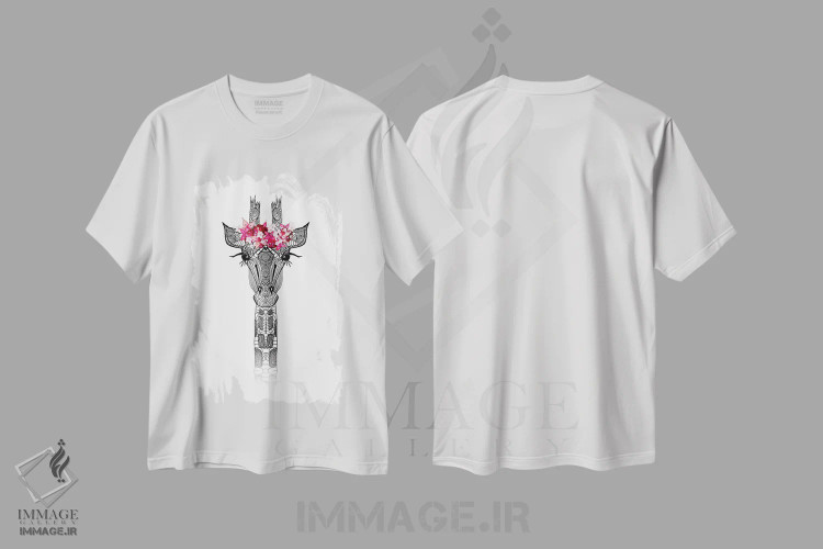 تیشرت سفید طرح دار دختر گل آرا با زرافه، دکور بوهمی اثر مونیکا استریگل | فروشگاه ایماژ