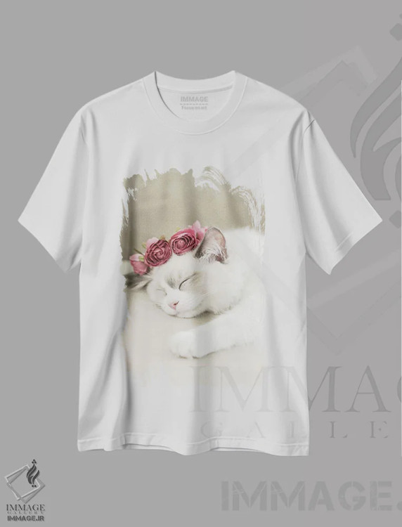 تیشرت سفید طرح دار گربه خواب آلود، تزئینی اثر مونیکا استریگل | immage.ir