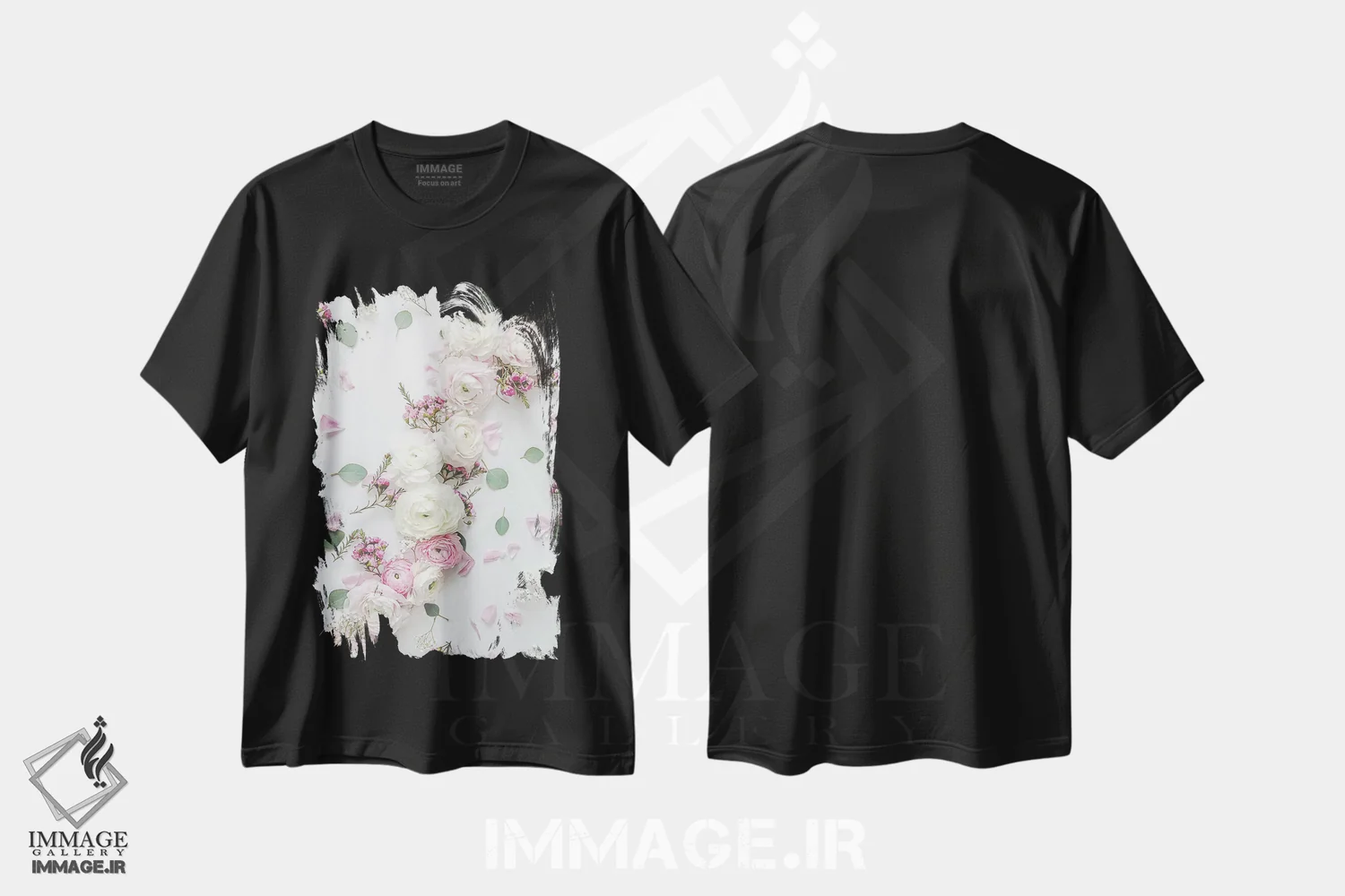 تیشرت مشکی طرح دار دسته گل بهاری III سبز، تزئینی اثر مونیکا استریگل | فروشگاه ایماژ