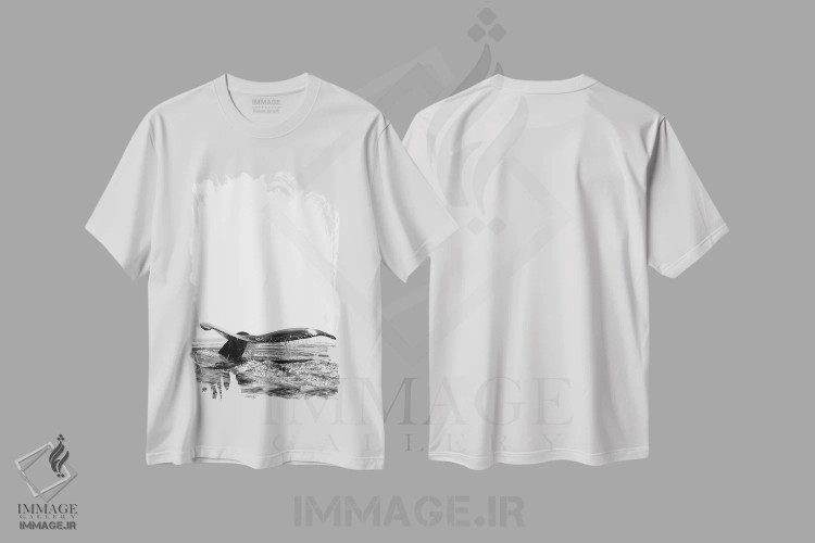 تیشرت سفید طرح دار آواز نهنگ I ایسلند سیاه و سفید، دکور ساحلی اثر مونیکا استریگل | immage.ir