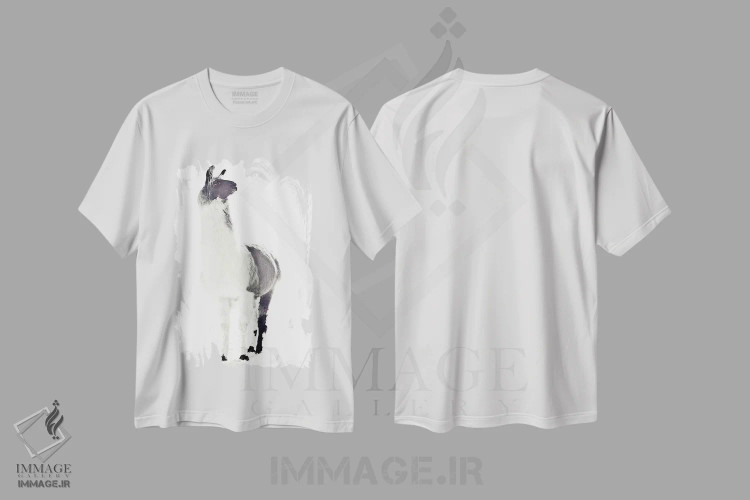 تیشرت سفید طرح دار لامای پشمالو، هنر تزئینی سیاه و سفید اثر مونیکا استریگل | فروشگاه ایماژ