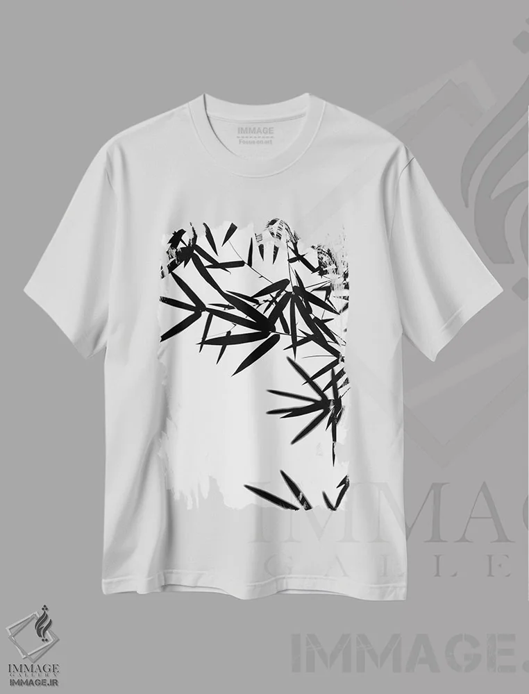 تیشرت سفید طرح دار برگ های بامبو سیاه، دکور آسیایی اثر مونیکا استریگل | فروشگاه ایماژ