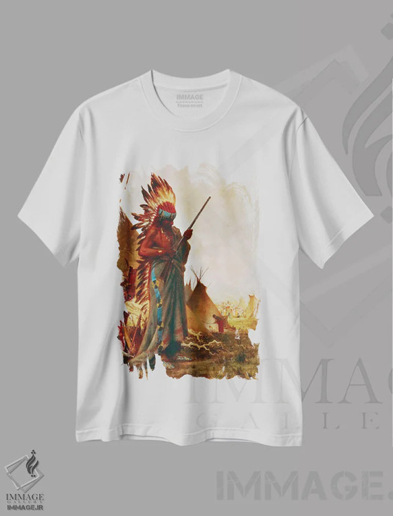 تیشرت سفید طرح دار بومی آمریکایی و تفنگ، تزئینی اثر ژول تَوِرنیر | فروشگاه ایماژ
